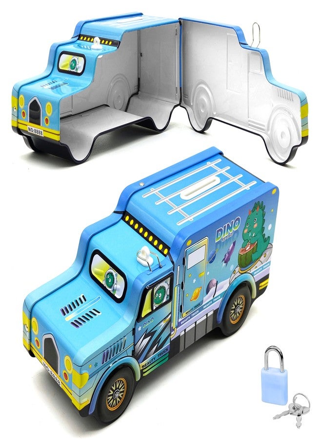 VGRASSP Dinosaur Theme Metal Bus Piggy Bank Toy for Kids - Cute Money Safe with Lock and 2 Keys - Gullak Coin Box Gift for Boys and Girls - Color As Per Stock - Image 1